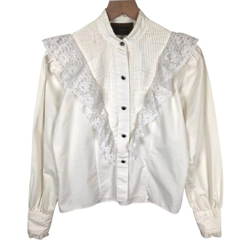 VTG ROPER Rustic Western Lace Ruffle Pleated Bib Blouse Women's S Off White Top
